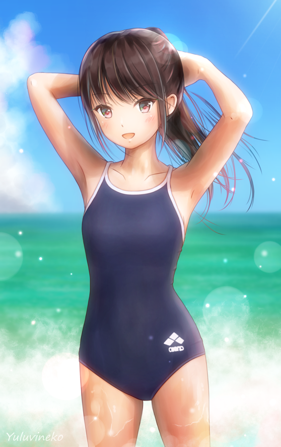 1girl adjusting_hair armpits arms_up artist_name beach blue_sky blue_swimsuit blush breasts brown_eyes brown_hair competition_school_swimsuit competition_swimsuit day lens_flare one-piece_swimsuit original outdoors ponytail school_swimsuit sky small_breasts solo standing swimsuit water younger yuluvine