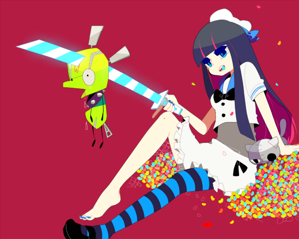 alternate_costume bad_id bad_pixiv_id barefoot chuck_(psg) dress feet green_eyes long_hair multicolored_hair panty_&amp;_stocking_with_garterbelt ppo-p shoes single_shoe stocking_(psg) striped striped_legwear thighhighs