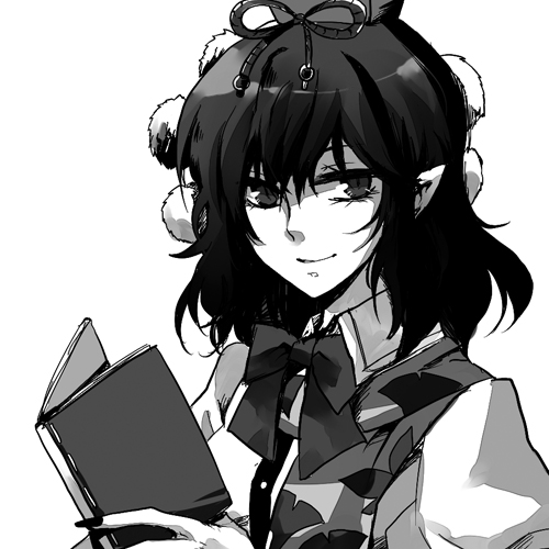 bad_id bad_pixiv_id greyscale hat light_smile looking_at_viewer lowres monochrome notebook nr_(cmnrr) pointy_ears shameimaru_aya smile solo touhou