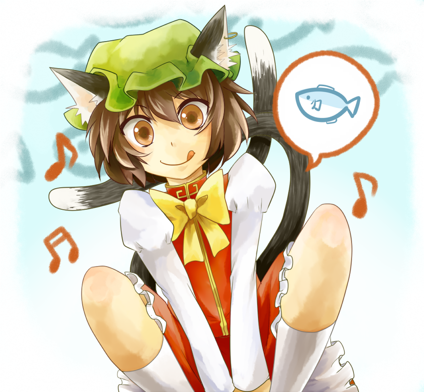 :q animal_ears bow brown_eyes brown_hair cat_ears cat_tail chen fish hat kneehighs licking_lips multiple_tails musical_note pakuchii short_hair smile solo speech_bubble spoken_animal spoken_food squatting tail tongue tongue_out touhou white_legwear