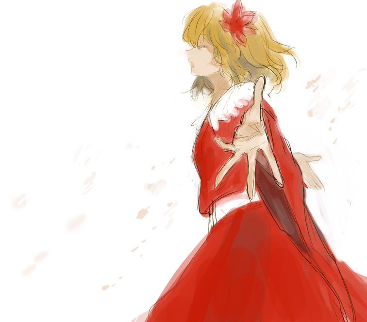 aki_shizuha bad_id bad_pixiv_id blonde_hair closed_eyes hair_ornament hands leaf_hair_ornament nod open_mouth outstretched_arms outstretched_hand profile short_hair simple_background sketch solo spread_arms touhou