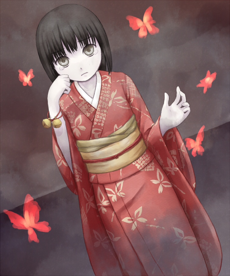 bad_id bad_pixiv_id black_hair bug butterfly fatal_frame fatal_frame_2 ghost grey_eyes insect japanese_clothes kimono rattle short_hair solo tachibana_chitose tears yuyuzuki_(yume_usagi)