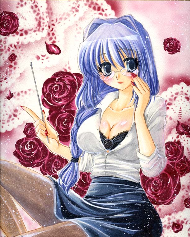 bad_id bad_pixiv_id blue_eyes blue_hair braid breasts cleavage flower glasses hair_intakes kanon large_breasts mature minase_akiko mitsuba_(threeleaf) nail_polish pantyhose pointer red_flower red_nails red_rose rose solo traditional_media