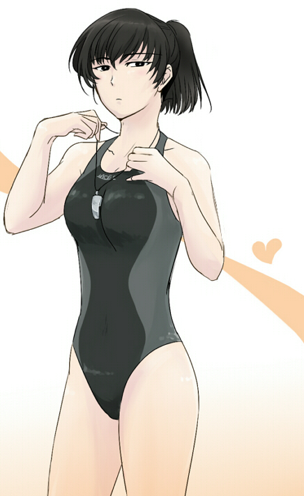 amagami anida bad_id bad_pixiv_id black_eyes black_hair competition_swimsuit one-piece_swimsuit ponytail short_hair solo swimsuit tsukahara_hibiki whistle