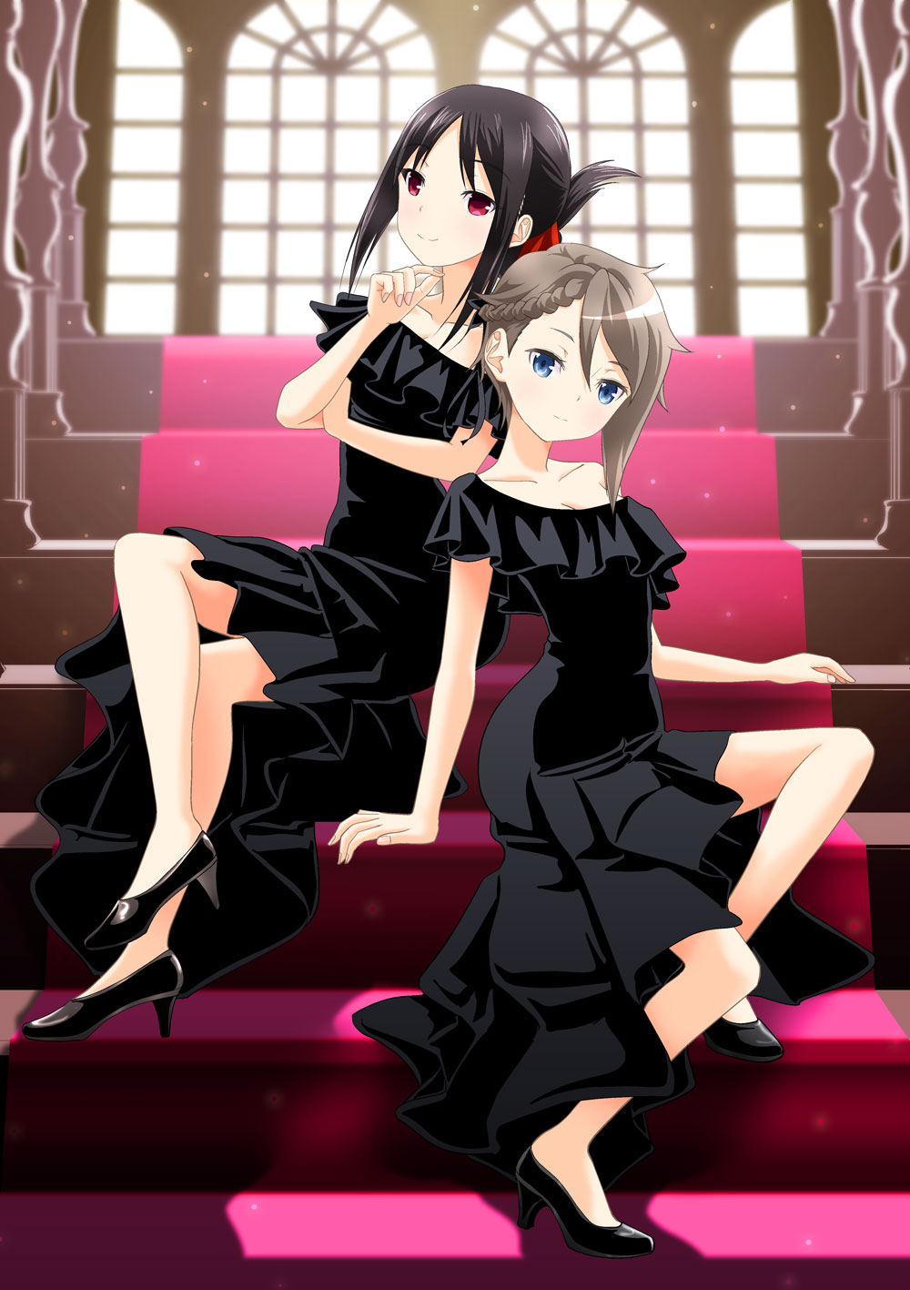 2girls ange_(princess_principal) bangs black_dress black_hair blue_eyes blurry braid breasts cleavage collarbone commentary_request crossover depth_of_field dress eyebrows_visible_through_hair folded_ponytail grey_hair hair_between_eyes hair_ribbon high_heels highres kaguya-sama_wa_kokurasetai_~tensai-tachi_no_renai_zunousen~ koga_aoi long_hair looking_at_viewer multiple_girls princess_principal red_eyes ribbon shinomiya_kaguya short_hair short_sleeves sidelocks single_braid sitting smile stairs taniguchi_gou voice_actor_connection window