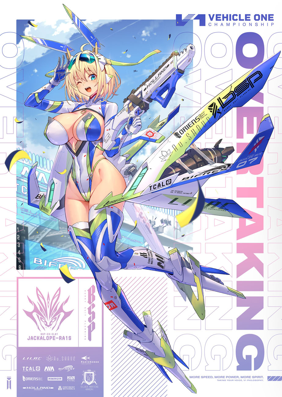 1girl ahoge assault_rifle blonde_hair blue_eyes breasts covered_nipples gun high_heels highleg highleg_leotard highres large_breasts leotard mechanical_shoes nadare-san_(nadare3nwm) one_eye_closed original rifle short_hair solo sophia_f_shirring thighhighs weapon