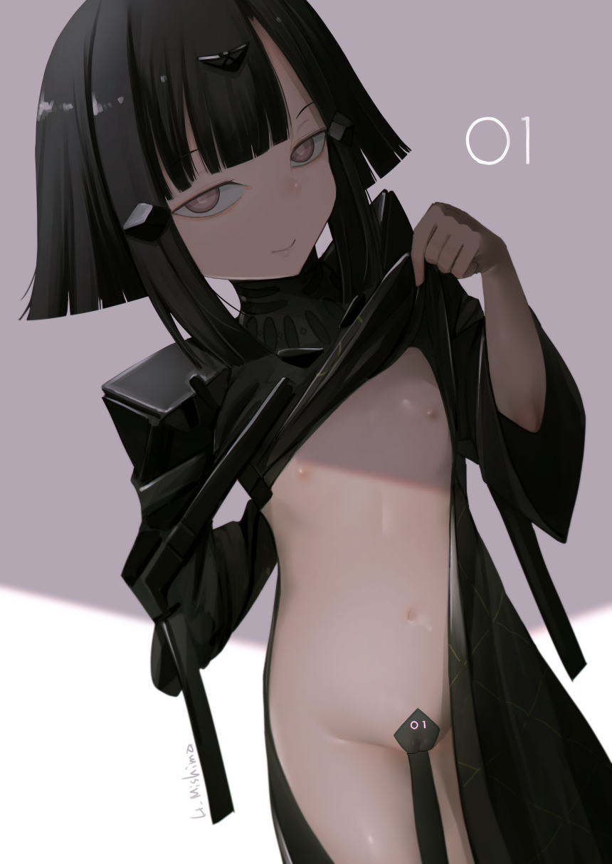 1girl anna_(girls'_frontline) arm_behind_back bad_id bad_twitter_id bangs black_hair blunt_bangs brown_eyes cameltoe closed_mouth cowboy_shot flat_chest girls'_frontline hair_ornament highres looking_at_viewer maebari mishima_hiroji navel nipples paradeus short_hair_with_long_locks smile solo wide_sleeves