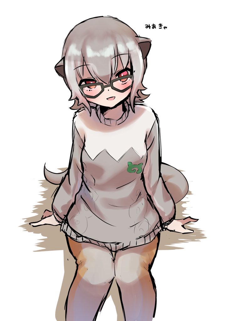 1girl blush brown_legwear commentary_request eyebrows_visible_through_hair from_above glasses grey_hair grey_legwear grey_sweater japari_symbol kemono_friends long_sleeves looking_at_viewer meerkat_(kemono_friends) meerkat_ears meerkat_tail mitorizu_02 multicolored_hair open_mouth pantyhose red_eyes short_hair sitting smile solo sweater translation_request two-tone_hair two-tone_legwear two-tone_sweater