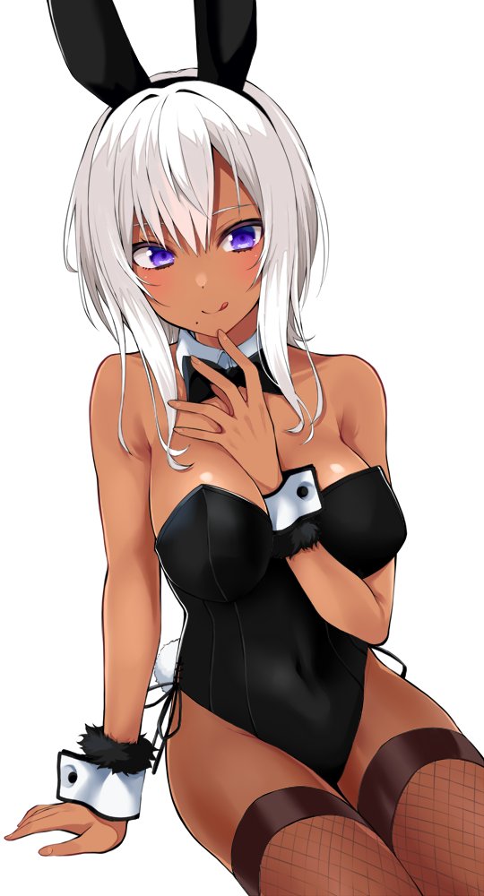 1girl :q animal_ears bare_shoulders between_breasts black_leotard bow bowtie breasts closed_mouth covered_navel dark-skinned_female dark_skin detached_collar fake_animal_ears fishnet_legwear fishnets gomashi_(goma) hairband hand_up large_breasts leotard looking_at_viewer mole mole_under_mouth original playboy_bunny purple_eyes rabbit_ears short_hair simple_background smile solo strapless strapless_leotard thighhighs tongue tongue_out white_background white_hair wrist_cuffs