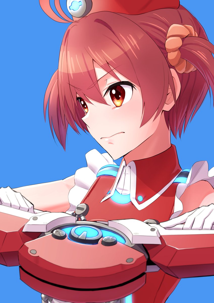 1girl blue_background commentary_request gloves hasegawa_(hase_popopo) hat isshiki_akane looking_to_the_side palette_suit pose red_eyes red_hair short_hair sleeveless solo twintails upper_body vividred_operation white_gloves