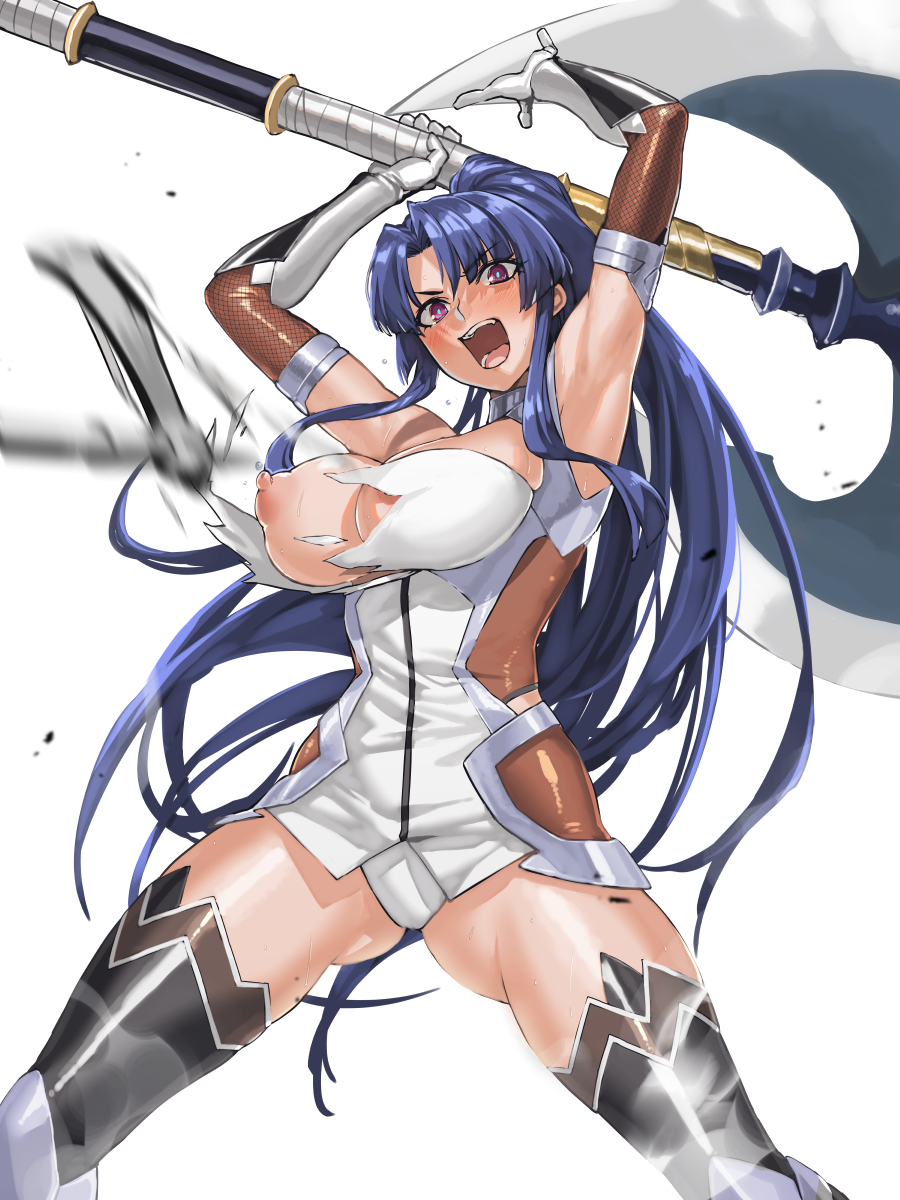 1girl :o angry armpits arms_up ass_visible_through_thighs axe bangs battle_axe blue_hair blush bodysuit breasts elbow_gloves fishnet_gloves fishnets gloves high_ponytail highres hohahiida holding holding_axe holding_weapon huge_weapon knee_guards large_breasts long_hair lower_teeth nipples open_mouth parted_bangs ponytail purple_eyes side_cutout sidelocks simple_background sleeveless solo taimanin_(series) taimanin_murasaki taimanin_suit thick_thighs thighhighs thighs tongue torn_bodysuit torn_clothes upper_teeth very_long_hair weapon white_background yatsu_murasaki