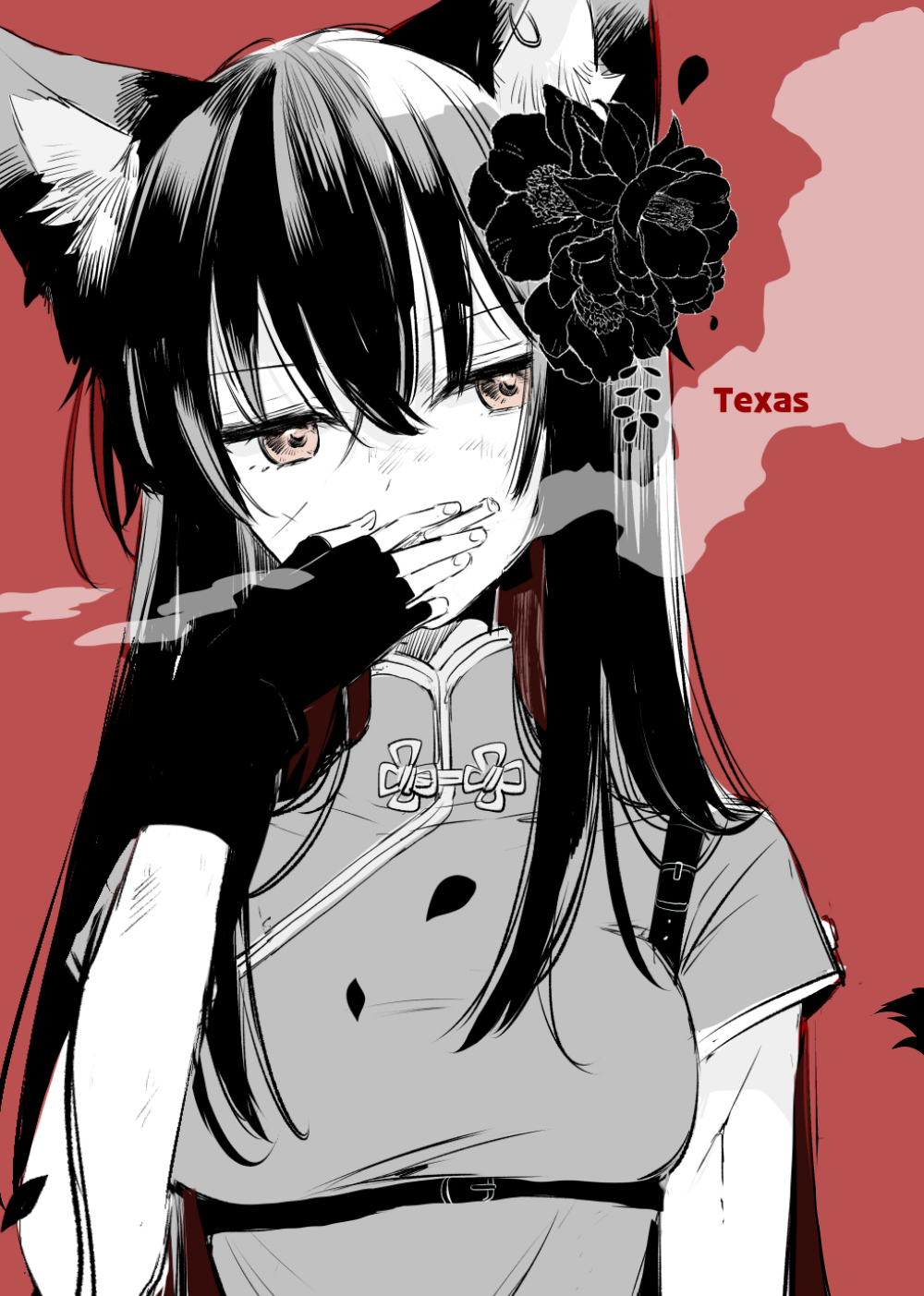 1girl animal_ear_fluff animal_ears arknights bangs between_fingers breasts brown_background brown_eyes character_name china_dress chinese_clothes cigarette commentary_request dress fingerless_gloves flower gloves hair_between_eyes hair_flower hair_ornament hand_up highres holding holding_cigarette medium_breasts mitoko_(kuma) petals short_sleeves smoke smoking solo texas_(arknights) upper_body