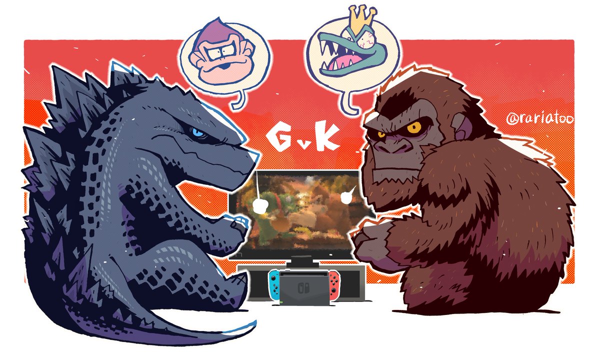 blue_eyes crown donkey_kong donkey_kong_(series) fur godzilla godzilla_(series) godzilla_vs_kong gorilla king_k._rool king_kong king_kong_(series) looking_at_viewer nintendo_switch rariatto_(ganguri) scales speech_bubble super_smash_bros. television yellow_eyes