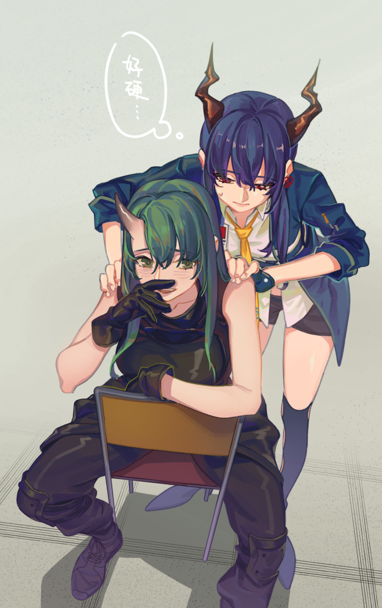 2girls arknights bangs black_footwear black_gloves black_pants black_shirt black_shorts blue_hair blue_jacket blush boots ch'en_(arknights) closed_mouth commentary dragon_horns eyebrows_visible_through_hair favilia fingerless_gloves full_body gloves green_eyes green_hair grey_background horns hoshiguma_(arknights) jacket knee_boots laughing long_hair looking_at_viewer multiple_girls necktie on_chair oni_horns pants red_eyes shirt shorts shoulder_massage single_horn sitting sleeves_rolled_up smile speech_bubble standing sweatdrop translation_request white_shirt wiping_face yellow_neckwear