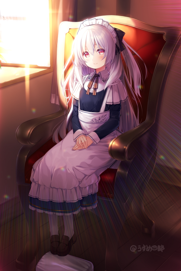 1girl apron armchair bangs bow bowtie chair commentary_request eyebrows_visible_through_hair hair_between_eyes hair_bow hair_ribbon long_hair long_sleeves looking_at_viewer maid maid_apron maid_headdress one_side_up orange_eyes original pantyhose ribbon shoes sidelocks sitting smile solo sunlight usume_shirou v_arms white_hair white_legwear window