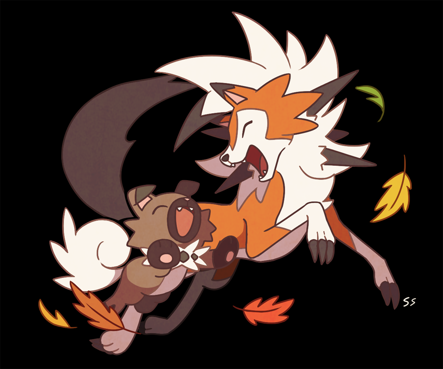 black_background closed_eyes commentary fangs gen_7_pokemon happy leaf lycanroc lycanroc_(dusk) no_humans open_mouth pokemon pokemon_(creature) rockruff simple_background ssalbulre toes tongue