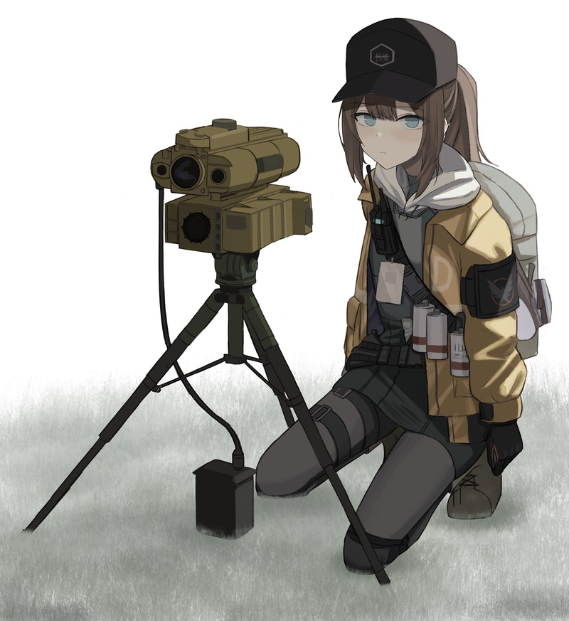 1girl a_iri_a backpack bag brown_hair commentary_request commission dier_(girls'_frontline) dima_(girls'_frontline) expressionless eyebrows_visible_through_hair full_body genderswap genderswap_(mtf) girls'_frontline gloves grey_eyes hair_between_eyes hat kneeling long_sleeves looking_at_viewer pantyhose ponytail skeb_commission solo tom_clancy's_the_division