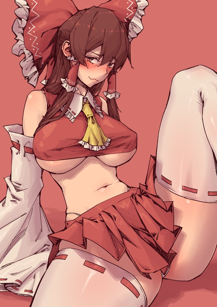 1girl ascot blush bow breasts brown_eyes brown_hair detached_sleeves ears hair_bow hair_tubes hakurei_reimu large_breasts long_hair looking_at_viewer midriff miniskirt navel panties red_background revealing_clothes ribbon ribbon-trimmed_legwear ribbon_trim sexually_suggestive shadow simple_background skirt smile solo stank thick_thighs thighs thong tight touhou underboob underwear white_panties