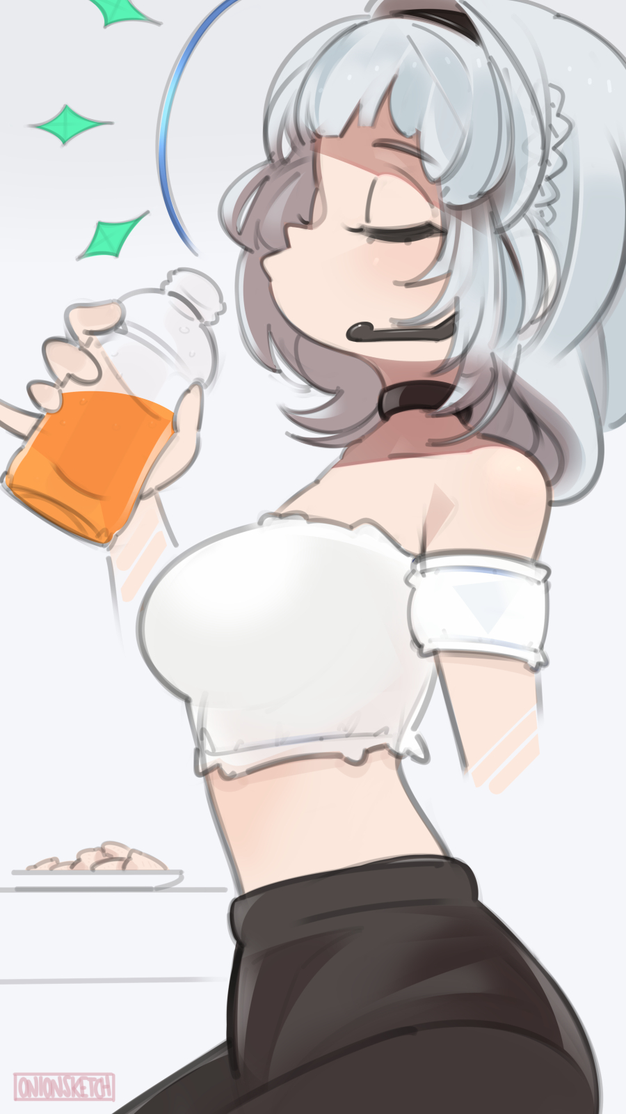 1girl arm_strap black_hairband black_legwear bottle breasts from_side hairband headset highres holding holding_bottle kamishiro_rita leggings medium_breasts onionsketch prism_project puckered_lips shirt short_hair silver_hair solo strapless tubetop virtual_youtuber white_shirt white_tubetop