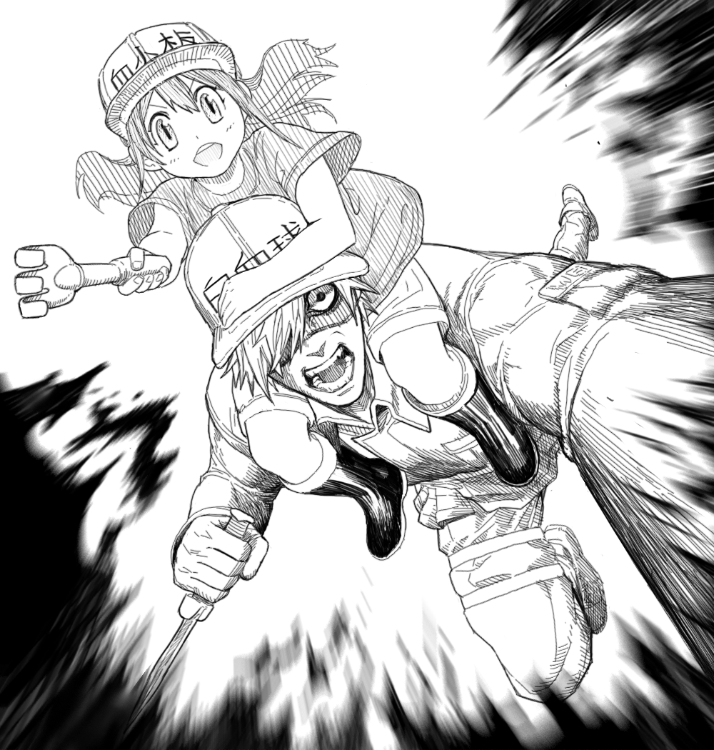 1boy 1girl boots carrying child commentary crazy_eyes dagger english_commentary greyscale hair_over_one_eye hat hat_writing hataraku_saibou holding holding_dagger holding_weapon incoming_attack jacket knife looking_at_viewer monochrome one_eye_covered open_mouth platelet_(hataraku_saibou) reverse_grip shirt short_sleeves shorts shoulder_carry u-1146 upper_teeth weapon white_blood_cell_(hataraku_saibou) wide-eyed y_naf