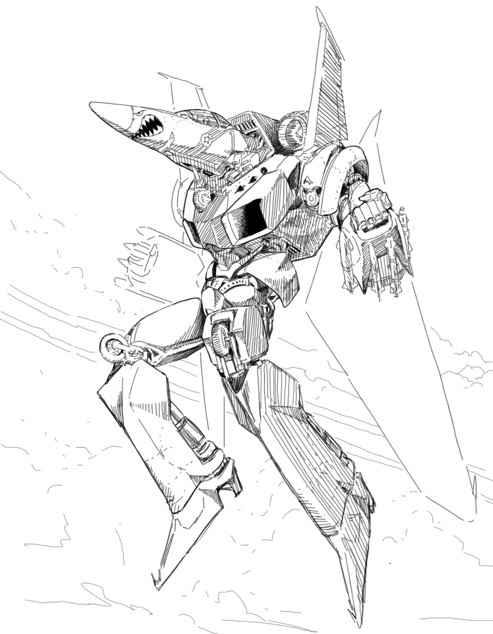 above_clouds aircraft airplane animal_print canopy clenched_hands cloud dirty fighter_jet flying gerwalk greyscale highres jet landing_gear machinery macross mecha military military_vehicle missile monochrome no_humans original parody pen_(medium) pilot science_fiction shark_print sketch style_parody variable_fighter y_naf