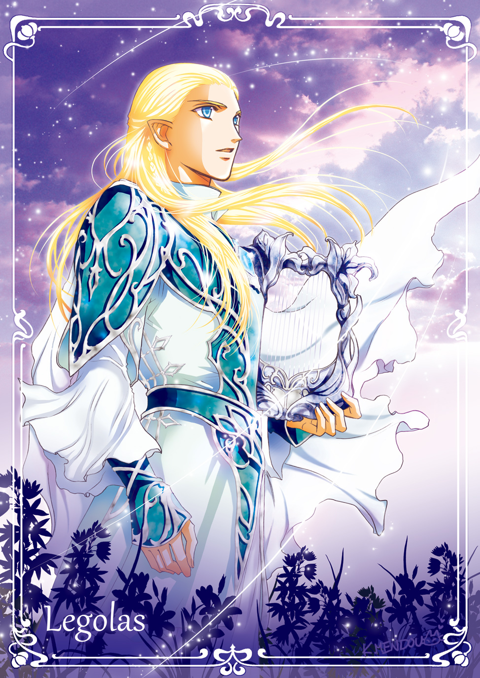 1boy blonde_hair blue_eyes character_name elf floating_hair harp highres holding holding_instrument instrument kazuki-mendou legendarium legolas long_hair male_focus parted_lips pointy_ears purple_sky signature solo standing the_lord_of_the_rings