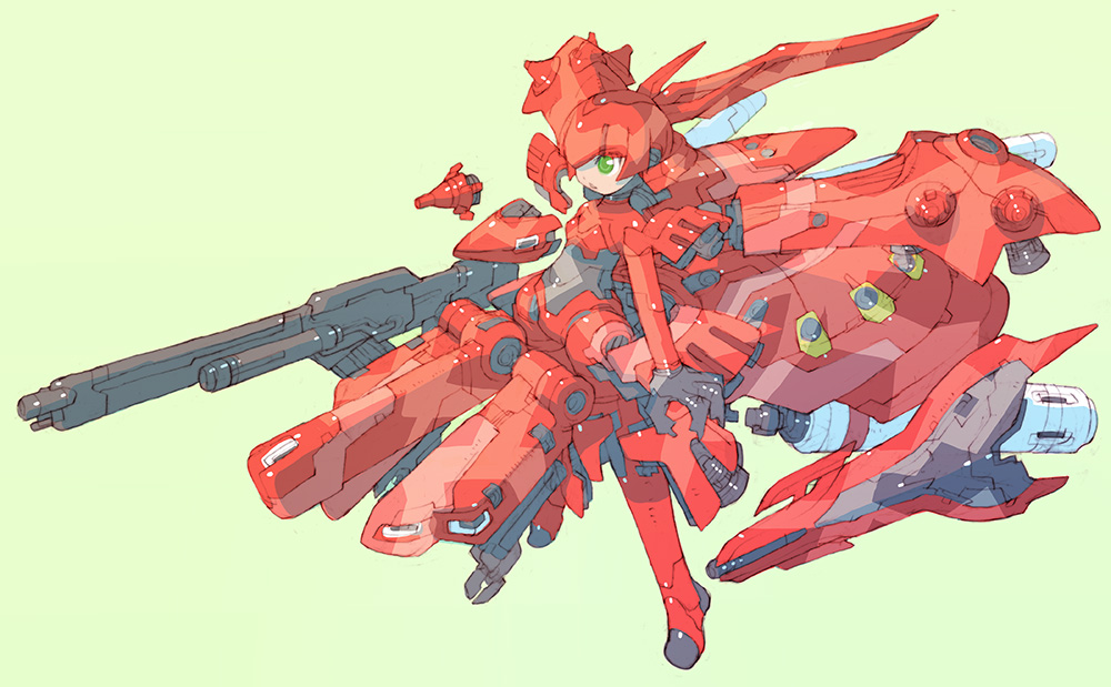 1girl beam_rifle char's_counterattack char's_counterattack_-_beltorchika's_children commentary_request energy_gun floating floating_object full_body funnels green_background green_eyes gundam joints mecha_musume nakayama_tooru nightingale robot_joints simple_background solo thrusters weapon