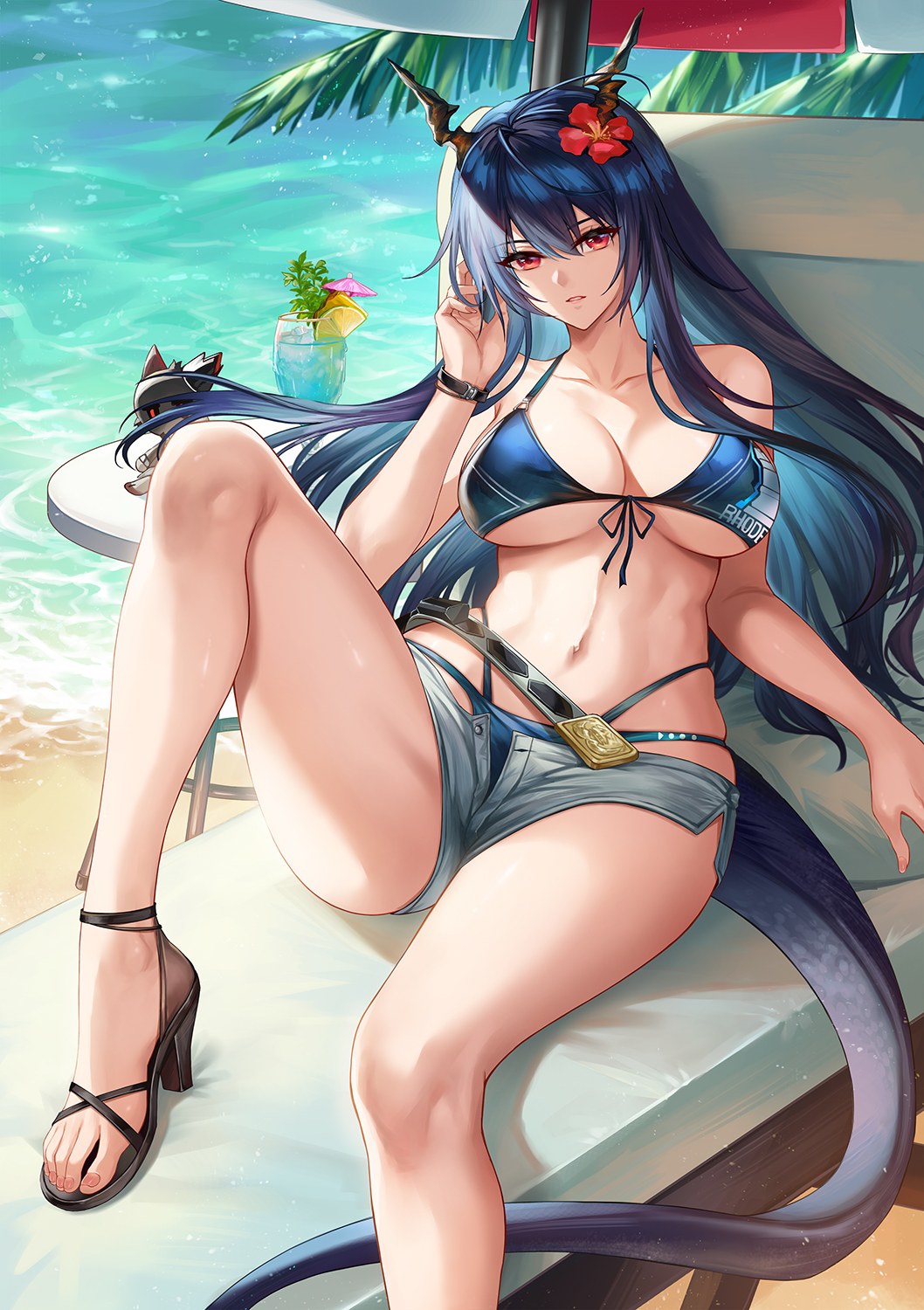 1girl arknights beach beach_umbrella bikini bikini_under_clothes blue_bikini blue_hair blue_shorts breasts ch'en_(arknights) ch'en_the_holungday_(arknights) chinese_commentary cocktail_glass collarbone commentary_request cup denim denim_shorts dragon_horns dragon_tail drink drinking_glass feet flower foot_out_of_frame front-tie_bikini front-tie_top hair_between_eyes hair_flower hair_ornament highres horns kacyu knee_up large_breasts long_hair looking_at_viewer navel official_alternate_costume open_fly outdoors parted_lips reclining red_eyes red_flower sand shorts solo stomach swimsuit tail umbrella water wristband