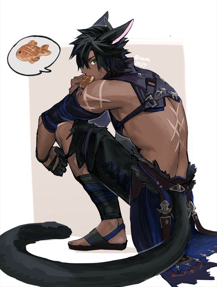 1boy animal_ears bare_back black_gloves black_hair black_pants black_tail brown_background cat_boy cat_ears cat_tail clothing_request commentary_request dark-skinned_male dark_skin eating fictional_persona final_fantasy final_fantasy_xiv food from_side full_body gloves green_eyes hair_between_eyes leg_wrap looking_at_viewer looking_to_the_side male_focus miqo'te mn_(zig_r14) pants pectorals profile sandals scar scar_on_arm scar_on_back scar_on_face short_hair sideways_glance solo speech_bubble spoken_food spoken_object squatting tail taiyaki toned toned_male torn_clothes torn_pants twitter_username wagashi white_background