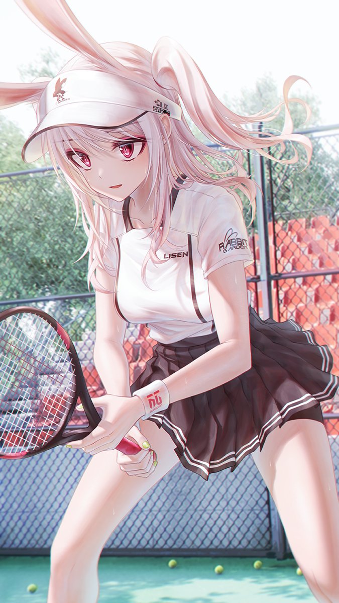 1girl animal_ears bae.c ball bangs black_skirt breasts chain-link_fence commentary day extra_ears eyebrows_visible_through_hair feet_out_of_frame fence highres holding long_hair medium_breasts one_side_up original outdoors parted_lips pleated_skirt rabbit_ears racket red_eyes shirt short_sleeves skirt solo sportswear standing symbol-only_commentary tennis_ball tennis_racket tennis_uniform two-handed visor_cap white_hair white_headwear white_shirt