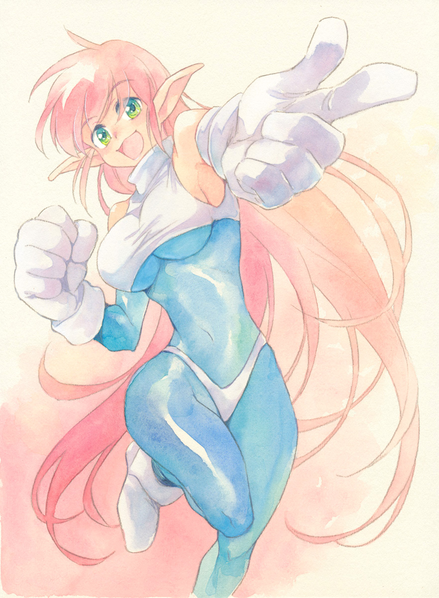 1girl :d agahari blue_bodysuit bodysuit breasts commentary_request cover eyebrows_visible_through_hair galaxy_fight gloves green_eyes highres long_hair looking_at_viewer medium_breasts open_mouth roomi smile solo standing standing_on_one_leg traditional_media very_long_hair white_gloves