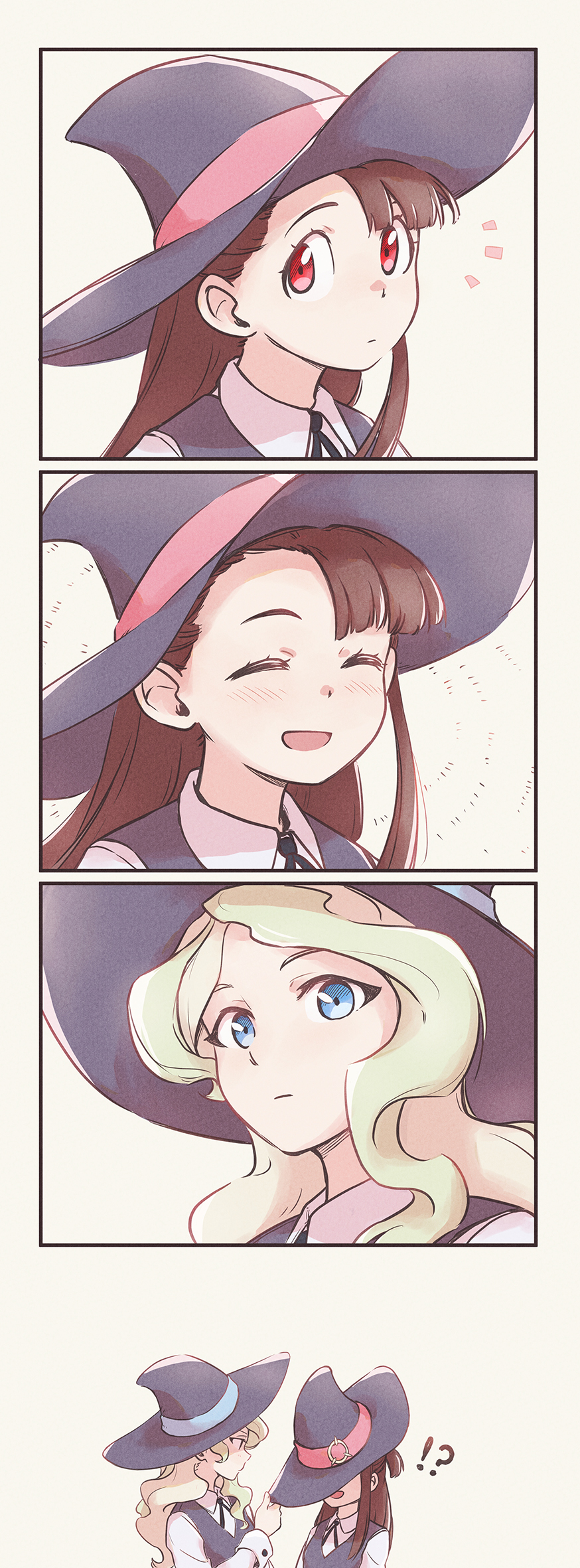 !? 2girls blonde_hair blue_eyes blush brown_hair closed_eyes closed_mouth diana_cavendish eyebrows_behind_hair hat highres kagari_atsuko little_witch_academia long_hair luna_nova_school_uniform multiple_girls parted_lips red_eyes school_uniform tonton_(mathcaca24) witch_hat