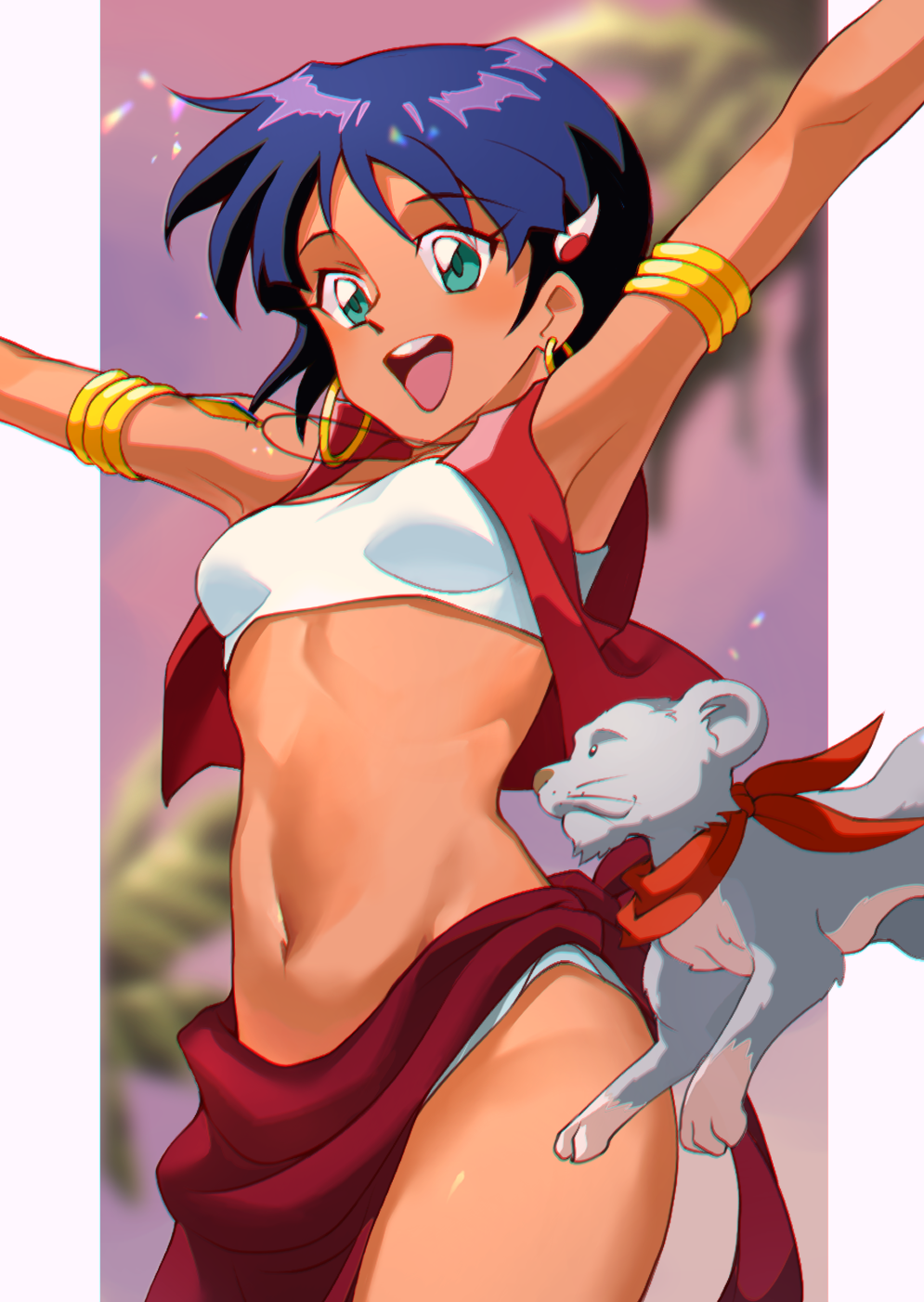1girl :d armlet armpits arms_up bandeau bangs blurry blurry_background bob_cut commentary cropped_vest cub dark-skinned_female dark_skin dusk earrings fushigi_no_umi_no_nadia green_eyes hair_ornament hairclip highres hoop_earrings jewelry jumping king_(nadia) lion loincloth marimoppoi midriff nadia_la_arwall navel neckerchief necklace open_mouth outside_border palm_tree pelvic_curtain pendant purple_background purple_hair red_neckwear red_vest round_teeth short_hair smile solo strapless teeth tree tubetop upper_teeth vest white_bandeau
