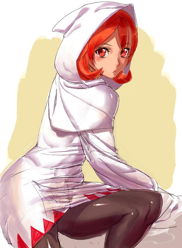 1girl ashiomi_masato brown_eyes closed_mouth final_fantasy final_fantasy_iii hood looking_at_viewer orange_hair pantyhose refia robe short_hair simple_background solo white_background white_mage