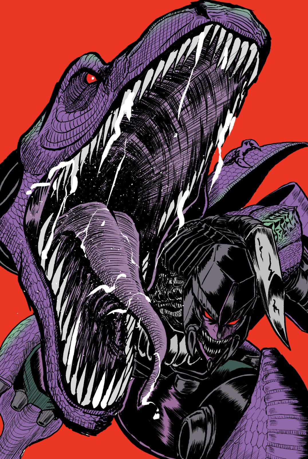 1boy beast_wars beast_wars:_transformers highres leaning_forward looking_at_viewer mecha megatron megatron_(beast_wars) no_humans oohara_tetsuya open_mouth predacon red_background red_eyes science_fiction sharp_teeth solo teeth transformers