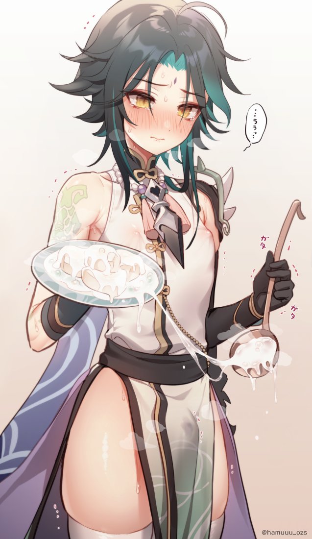 1boy ahoge arm_tattoo bead_necklace beads black_gloves black_hair blush bulge closed_mouth covered_nipples cum cum_on_food facial_mark food forehead_mark genshin_impact gloves gradient_hair green_hair haruya_(lajoon) holding holding_ladle holding_plate jewelry ladle male_focus multicolored_hair necklace nose_blush pelvic_curtain plate simple_background solo suggestive_fluid sweat tassel tattoo tears thighhighs thighs trembling white_legwear xiao_(genshin_impact) yellow_eyes