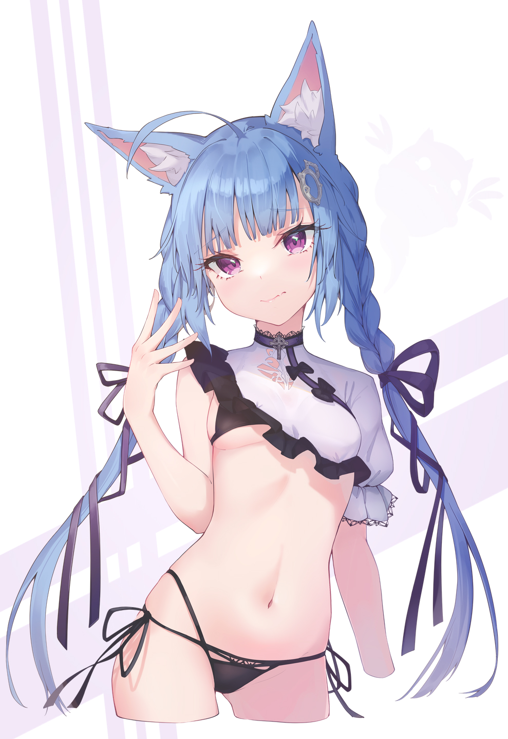 1girl ahoge animal_ear_fluff animal_ears bangs bikini black_bikini blue_hair braid breasts closed_mouth commentary cowboy_shot crop_top cropped_legs frills hair_ornament hair_ribbon hand_up highres long_hair looking_at_viewer medium_breasts mishuo_(misuo69421) navel original purple_eyes purple_ribbon ribbon short_sleeves side-tie_bikini single_sleeve smile solo standing stomach swimsuit swimsuit_under_clothes symbol-only_commentary twin_braids twintails very_long_hair