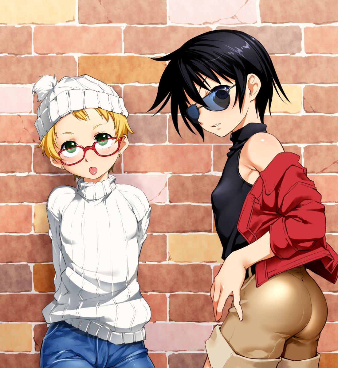 2girls androgynous armpits arms_behind_back ass bare_shoulders black_hair black_shirt blonde_hair blue_pants breasts brick_wall brown_shorts commentary denim from_side funnyari glasses green_eyes hand_on_hip hat highres jacket jeans knit_hat looking_at_viewer looking_to_the_side multiple_girls off_shoulder original pants parted_lips pom_pom_(clothes) red-framed_eyewear red_jacket ribbed_hat ribbed_shirt shirt short_hair shorts sleeveless sleeveless_shirt sleeveless_turtleneck small_breasts sunglasses sweater tomboy tongue tongue_out turtleneck turtleneck_sweater very_short_hair white_sweater
