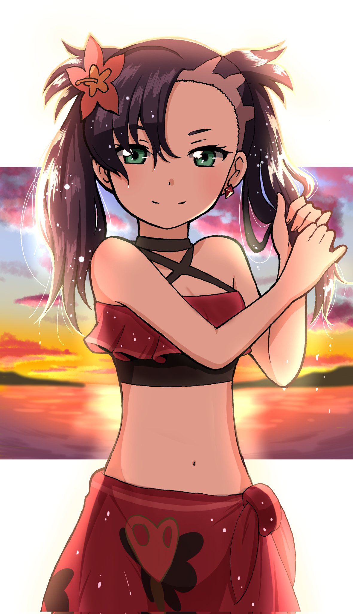 1girl asymmetrical_bangs bangs bikini black_hair blush border breasts choker closed_mouth commentary_request drying drying_hair earrings emapippi flower green_eyes hair_flower hair_ornament highres jewelry looking_at_viewer marnie_(pokemon) navel official_alternate_costume pokemon pokemon_(game) pokemon_masters_ex sarong shiny shiny_hair smile solo sunset swimsuit twintails two_side_up wet wet_hair white_border wringing_hair