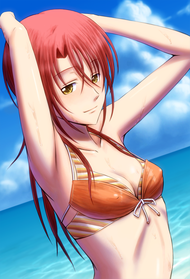 1girl armpits arms_up bikini blue_sky bonnie_(rsg) breasts cleavage closed_mouth cloud collarbone covered_nipples day dutch_angle front-tie_bikini front-tie_top hair_between_eyes hair_intakes halterneck hino_kahoko la_corda_d'oro long_hair ocean outdoors red_hair ribbon shiny shiny_hair sky small_breasts smile solo straight_hair swimsuit upper_body white_ribbon yellow_eyes