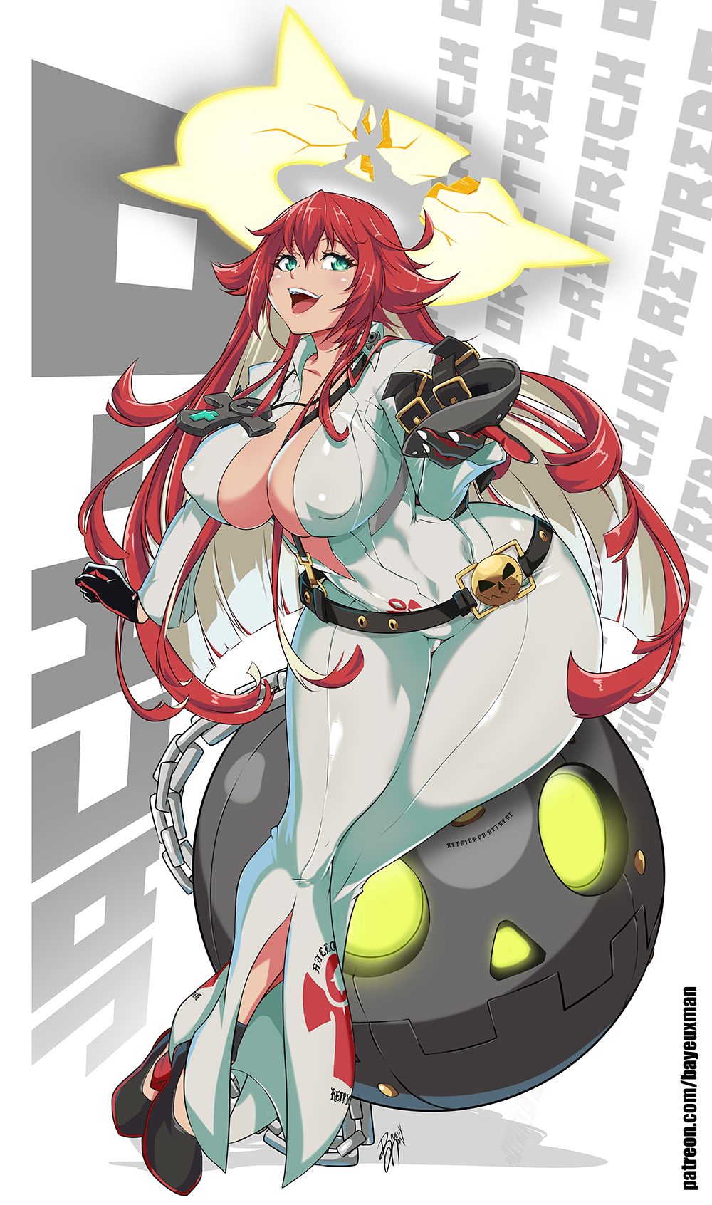 ankh bayeuxman bellbottoms bodysuit breasts broken_halo cleavage covered_nipples cross curvy green_eyes guilty_gear guilty_gear_strive halo highres jack-o'_valentine large_breasts long_hair looking_at_viewer red_hair skin_tight solo thick_thighs thighs white_bodysuit wide_hips