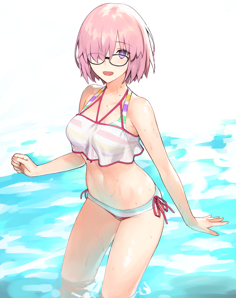 1girl alternate_costume bikini black-framed_eyewear breasts collarbone commentary_request fate/grand_order fate_(series) ginka_sima glasses hair_over_one_eye highres in_water light_purple_hair looking_at_viewer mash_kyrielight medium_breasts multicolored multicolored_bikini multicolored_clothes multicolored_swimsuit navel official_alternate_costume one_eye_covered open_mouth purple_eyes see-through short_hair smile solo striped striped_bikini swimsuit swimsuit_of_perpetual_summer_ver.02 water wet
