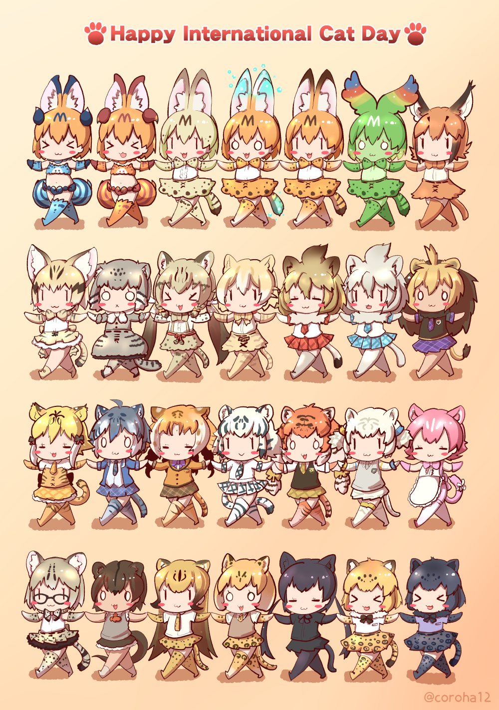 &gt;_&lt; 0_0 6+girls :&lt; :3 :d ahoge animal_ears apron barbary_lion_(kemono_friends) black_hair black_jaguar_(kemono_friends) black_legwear black_leopard_(kemono_friends) blonde_hair blush_stickers bow bowtie breasts brown_hair byakko_(kemono_friends) caracal_(kemono_friends) cat_(kemono_friends) cat_ears cat_girl cat_tail cellval cheetah_(kemono_friends) cheetah_ears cheetah_print cheetah_tail chibi closed_mouth coroha elbow_gloves english_text extra_ears fossa_(kemono_friends) full_body fur_collar garter_straps geoffroy's_cat_(kemono_friends) glasses gloves golden_tabby_tiger_(kemono_friends) grey_hair hair_bow high-waist_skirt highres jaguar_(kemono_friends) jaguar_ears jaguar_print jaguar_tail kemono_friends leopard_(kemono_friends) lion_(kemono_friends) lion_ears lion_girl lion_tail long_hair maltese_tiger_(kemono_friends) margay_(kemono_friends) medium_breasts multicolored_hair multiple_girls necktie o_o open_mouth orange_hair outstretched_arms pallas's_cat_(kemono_friends) pantyhose peach_panther_(kemono_friends) plaid plaid_neckwear plaid_skirt plaid_sleeves plaid_trim print_bow print_gloves print_legwear print_neckwear print_skirt sand_cat_(kemono_friends) shirt shiserval_lefty shiserval_right short_sleeves siberian_tiger_(kemono_friends) side-by-side skirt sleeveless sleeveless_shirt smile smilodon_(kemono_friends) spread_arms sweater_vest tail thighhighs tiger_ears tiger_tail twintails twitter_username two-tone_hair waist_apron walking white_hair white_lion_(kemono_friends) white_serval_(kemono_friends) white_tiger_(kemono_friends) xd zettai_ryouiki |_|