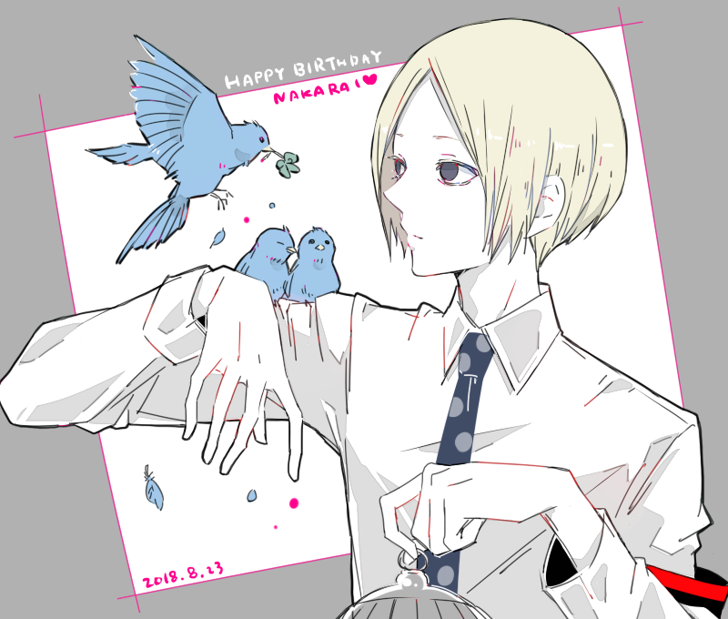 1boy animal_on_shoulder awara_kayu bangs bird bird_on_shoulder birdcage blonde_hair blue_bird cage character_name collared_shirt commentary_request dated flower grey_background grey_eyes happy_birthday heart holding long_sleeves male_focus nakarai_keijin necktie pale_skin parted_bangs polka_dot_neckwear shirt short_hair simple_background solo tokyo_ghoul tokyo_ghoul:re upper_body white_background