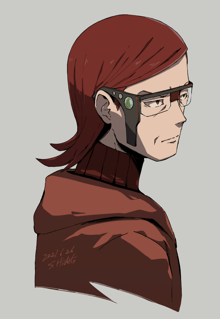 1boy black-framed_eyewear black_eyes bodysuit closed_mouth coat commentary_request dated glasses grey_background male_focus maxie_(pokemon) number pokemon pokemon_(game) pokemon_oras red_bodysuit red_coat red_hair ribbed_bodysuit shigeno_shuo short_hair signature simple_background solo team_magma upper_body