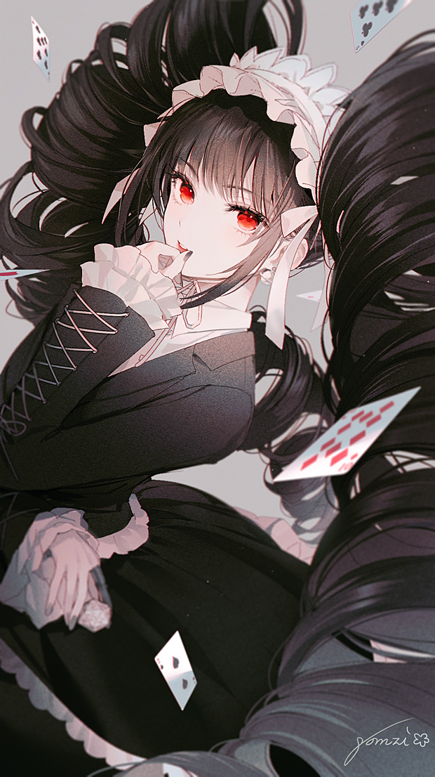 1girl bangs black_hair black_jacket black_nails black_skirt bonnet card celestia_ludenberg commentary danganronpa:_trigger_happy_havoc danganronpa_(series) drill_hair eyebrows_visible_through_hair frilled_skirt frills gomzi gothic_lolita grey_background holding holding_card jacket lolita_fashion long_hair looking_at_viewer nail_polish necktie playing_card red_eyes shirt simple_background skirt smile solo twin_drills twintails white_shirt
