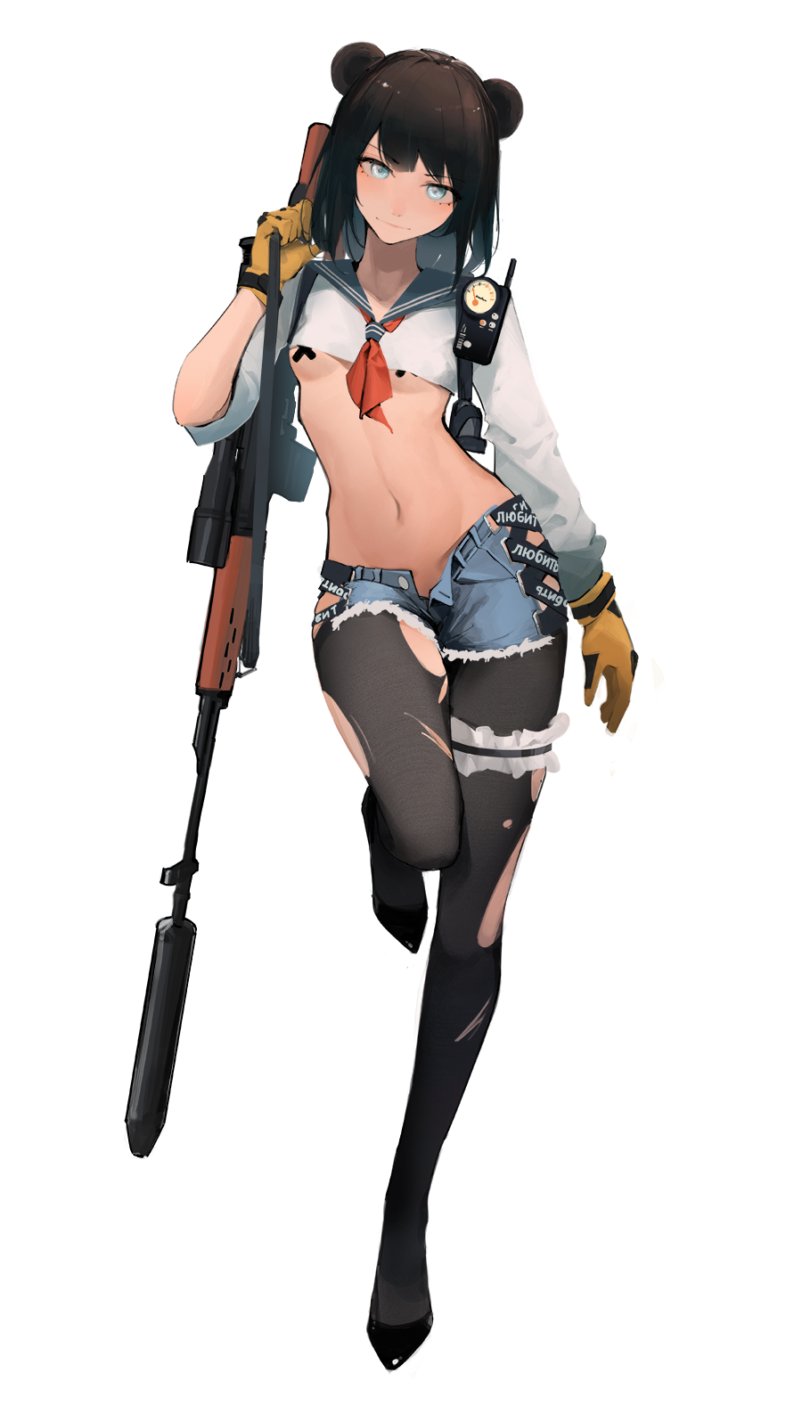 1girl animal_ears arknights arm_at_side bangs bear_ears black_footwear black_legwear blue_eyes blue_sailor_collar breasts brown_hair closed_mouth commentary_request cropped_shirt cross_pasties cutoffs cyrillic denim denim_shorts dragunov_svd eyebrows_visible_through_hair eyyy full_body gloves gun highres holding holding_gun holding_weapon long_hair long_sleeves looking_at_viewer navel neckerchief no_bra open_fly pantyhose pasties red_neckerchief rifle sailor_collar scrunchie short_shorts shorts simple_background small_breasts sniper_rifle solo standing standing_on_one_leg thigh_scrunchie torn_clothes torn_legwear underboob weapon white_background white_scrunchie yellow_gloves zima_(arknights)