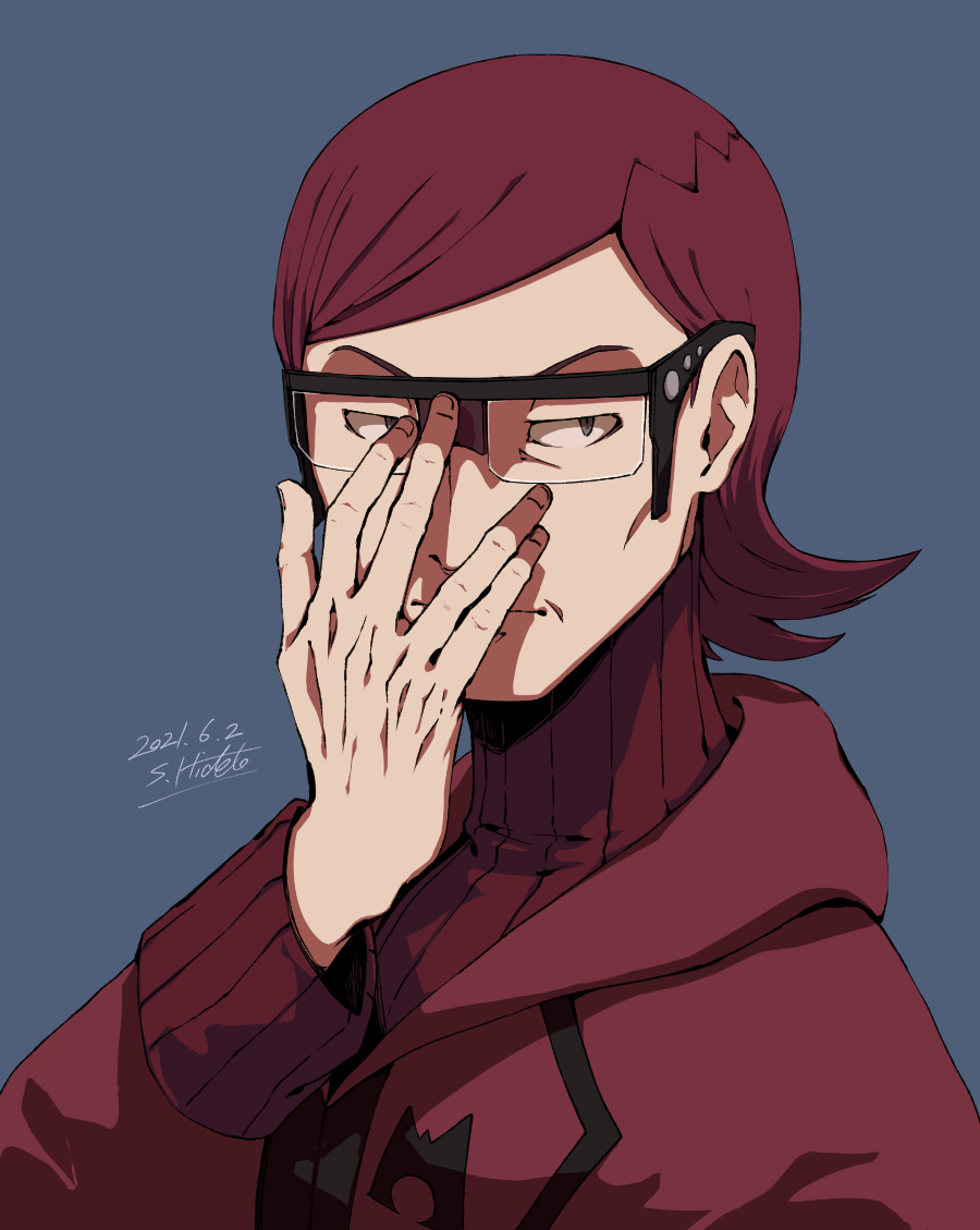 1boy adjusting_eyewear black-framed_eyewear black_eyes black_shirt bodysuit closed_mouth commentary_request dated glasses grey_background hand_up long_sleeves male_focus maxie_(pokemon) number pokemon pokemon_(game) pokemon_oras red_bodysuit red_hair ribbed_bodysuit shigeno_shuo shirt short_hair signature simple_background solo team_magma upper_body