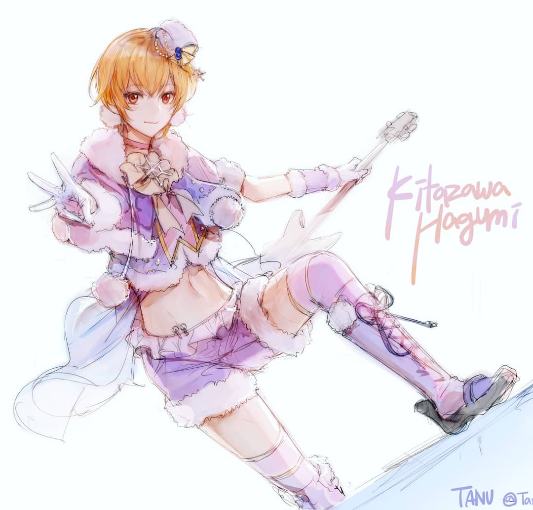 1girl artist_name bang_dream! bangs blonde_hair boots commentary_request detached_sleeves foreshortening fur-trimmed_jacket fur-trimmed_shorts fur_trim gloves guitar hair_between_eyes hair_ornament holding holding_instrument instrument jacket kitazawa_hagumi knee_boots looking_at_viewer midriff one_knee orange_hair over-kneehighs red_eyes short_hair shorts simple_background smile solo tanu0706 thighhighs w white_background