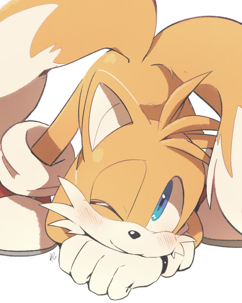 blue_eyes button_nose commentary cub flexible fox_boy furry furry_male gloves hands_on_ground jack-o'_challenge looking_at_viewer male_focus meme misuta710 one_eye_closed orange_fur shoes sneakers solo sonic_(series) spread_legs tails_(sonic) top-down_bottom-up white_background wide_spread_legs